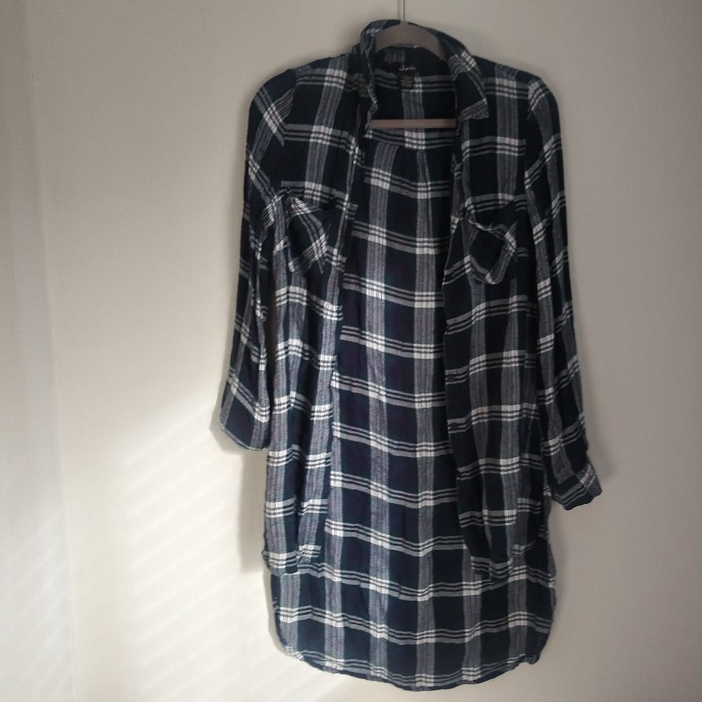 Justify Blue Green Plaid Flannel Hi Lo Button Down Shirt Jacket Duster  Size M